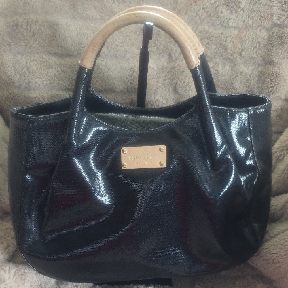 Kate Spade Shiny Black Tote with Tan Handles